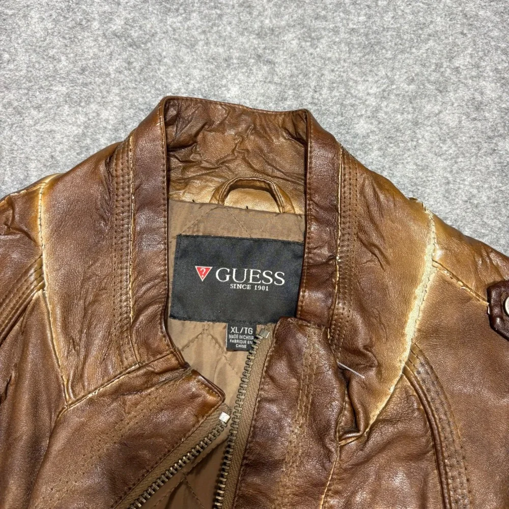 Guess Mens Faux Leather Racer Jacket Distressed Brown XL Moto Quilted Lining